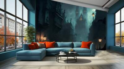 Silhouetted People in Wizard or Thief Type Cloaks in a Dark Nighttime Fantasy City Approaching a Towering Black Castle in the Distance. Thieves / Wizards Cityscape. [Sci-Fi, Fantasy, Historic, Horror] Wall mural